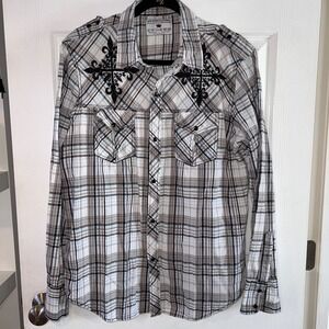 Pop Icon Clothing Plaid Shirt Western Embroidered Long Sleeve Mens Size‎ L